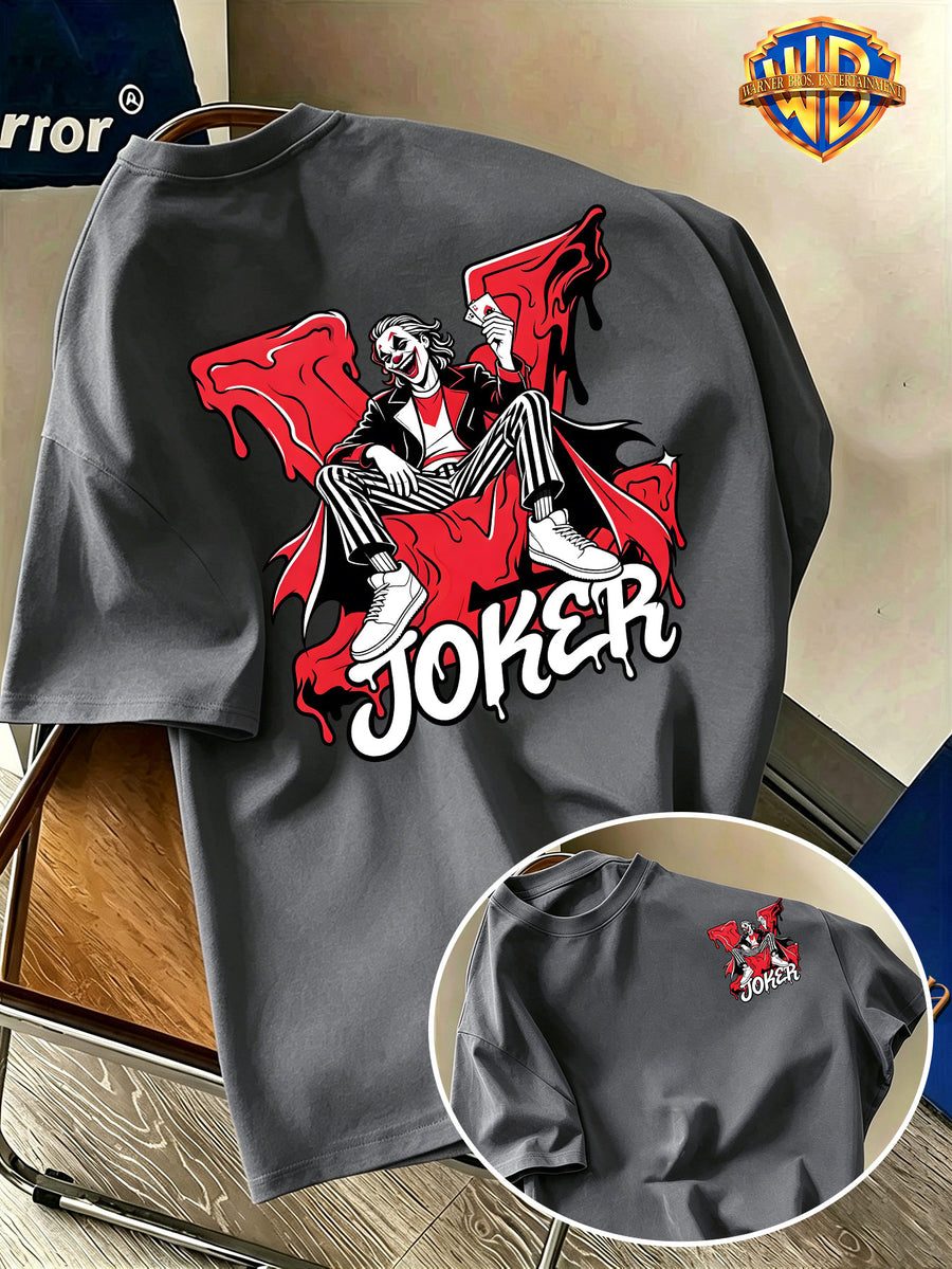 Warner Bros. Official Men's Short-Sleeve Pure T-Shirt, JOKER Ink Splatter Seat Portrait Print, American Vintage Streetwear Style Design, Spring/Summer Top, Regular Fit, Suitable for Outdoor, Fitness, Office, and Daily Wear, A Must-Have Item for Men's - Dark Gray
