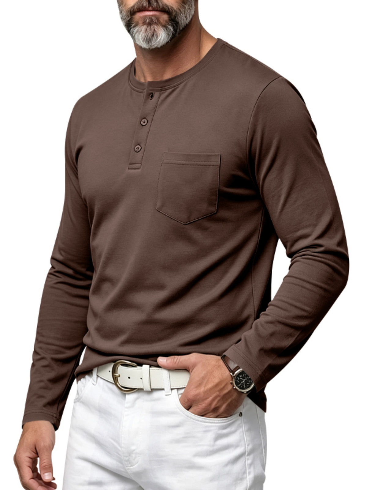Vintage Men'S Henley Long Sleeve T-Shirt, Loose Stretch Lightweight Top with Pocket, Casual Daily Commute Shirts for All Seasons - Brown