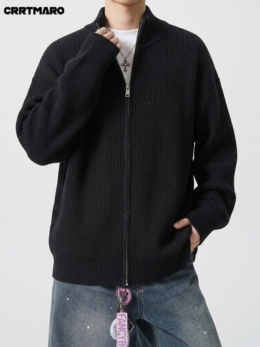 Men'S Heavyweight Thick Striped Zip Neck Stand Collar Knit Cardigan, Warm Casual Layering Top for Fall And Winter - Black