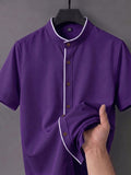 Men'S Short-Sleeved Shirt, Henley Collar/Stand-Up Collar Design, Placket Splicing Contrast Color Design - Deep Purple