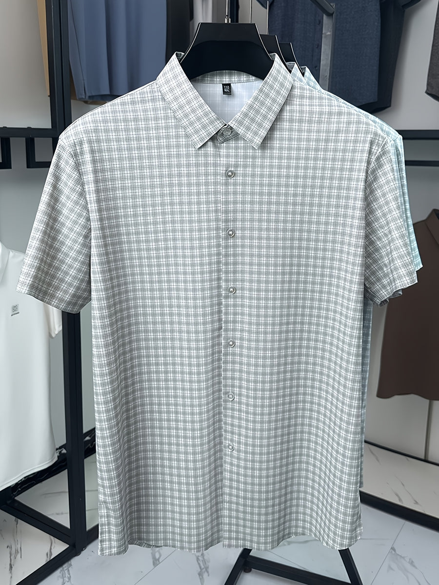 Summer Men's Ice Silky Fiber Fabric Short-Sleeve Shirt, Completely Seamless, Wrinkle-Free, Iron-Free, Business Casual, Cool, Wrinkle-Resistant, High-End and Elegant, Birthday Gift - Light Grey