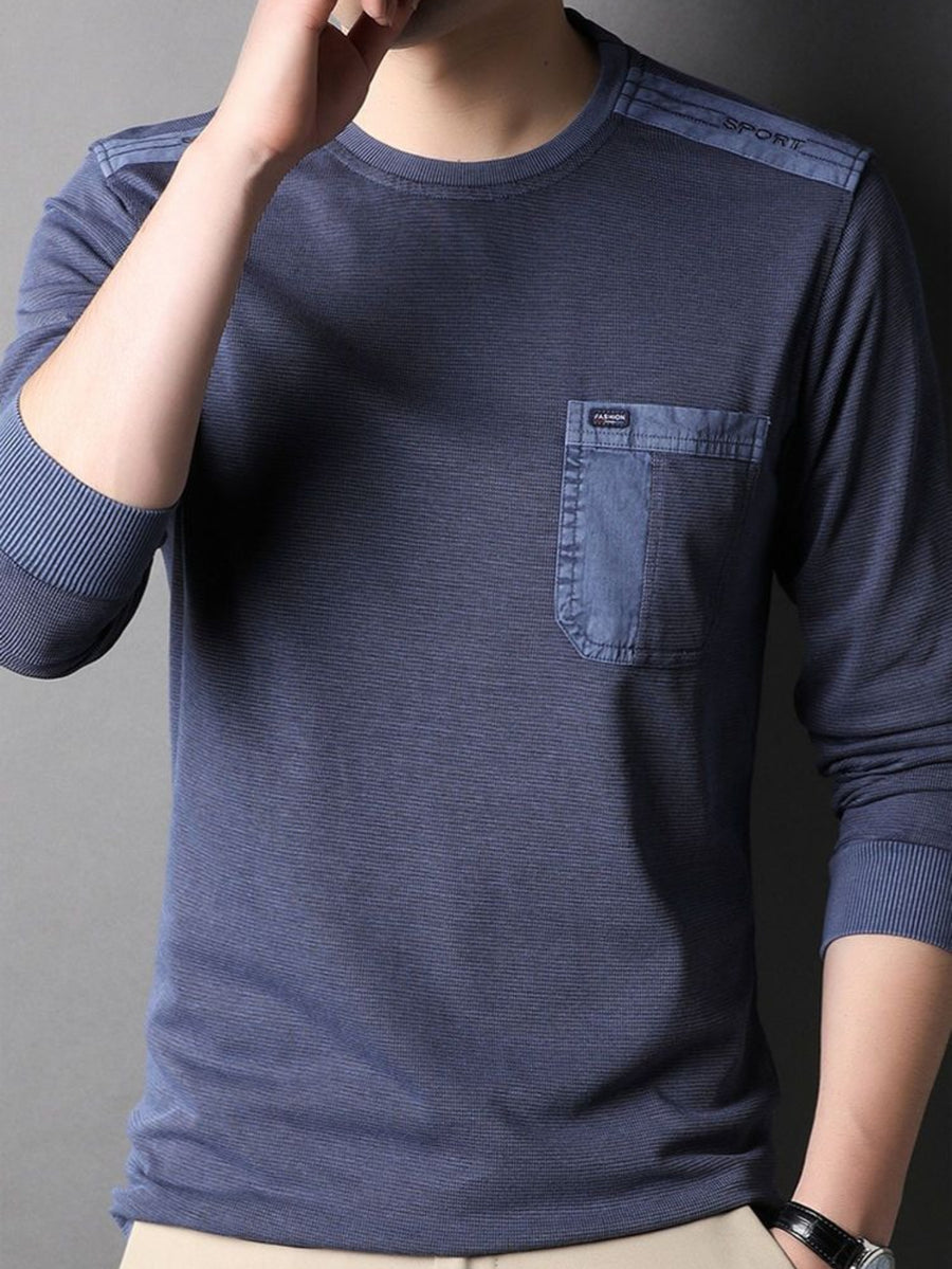 Men'S Distressed Waffle Long Sleeve Round Neck Top, Shoulder Patchwork And Pocket Design, Retro Casual Style - Navy Color