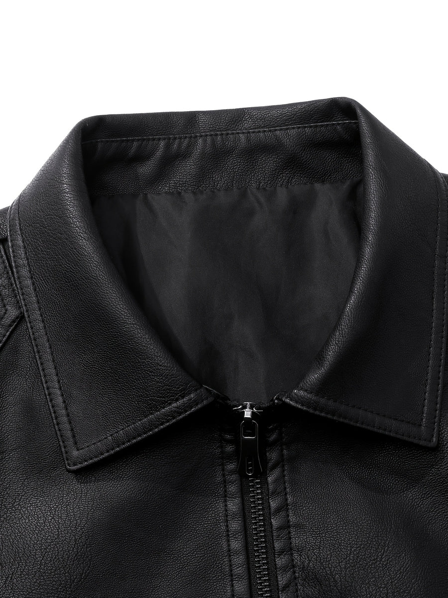 Men's Lapel Jacket, Windproof and Wear-Resistant Versatile Motorcycle Jacket, Soft PU with Precision Topstitching, Slim Fit Short Jacket with Three-Dimensional Cut, Zipper Cardigan Style, for Streetwear, Commuting, Cycling, Outings, and Daily Casual - Black