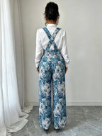 Women'S Casual Fashion Commute Elegant Jacquard Oil Painting Floral Color- Loose Long Trousers Overalls Autumn Winter - Peacock Blue