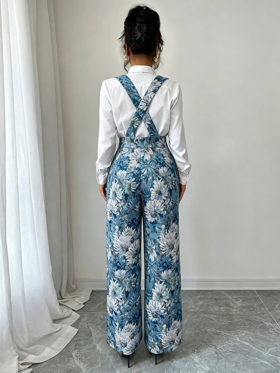 Women'S Casual Fashion Commute Elegant Jacquard Oil Painting Floral Color- Loose Long Trousers Overalls Autumn Winter - Peacock Blue