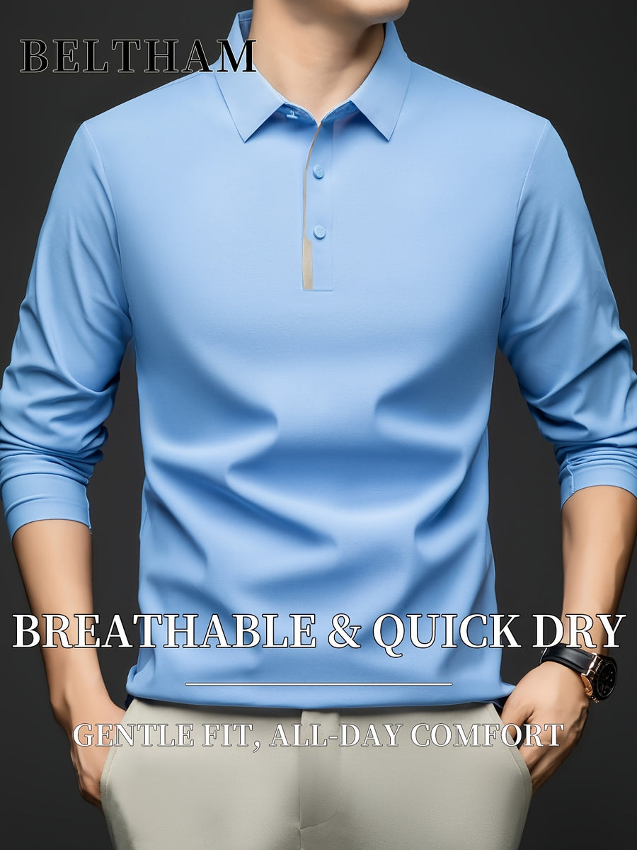 Spring Summer Autumn Men'S Long Sleeve Polo Shirt, Ice Feel Moisture Wicking Breathable Quick Dry Top, Versatile Apparel for Daily Casual Business Sports Golf Fishing Camping Outdoor Wear - Sky Blue