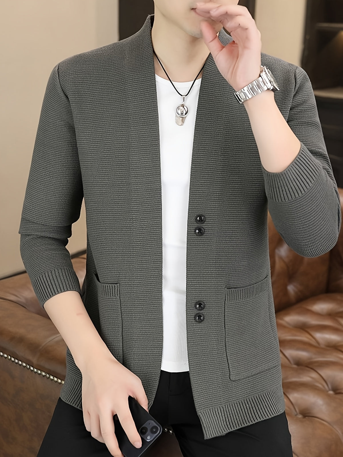[Dulinglan OBM] Spring/Autumn New Men'S Knit Cardigan, Old Money Style Solid Striped Open Collar V-Neck Knit Cardigan Men'S Business Casual Fashion Open Collar Knit Sweater Top, Suitable for Spring, Autumn, Layering Or Outerwear - Grey