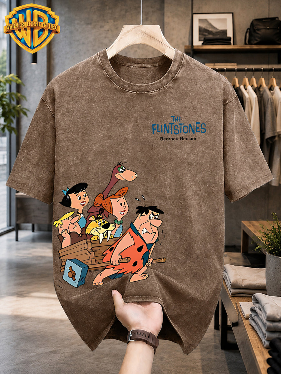 Warner Bros. Licensed Men'S Washed Retro T-Shirt, Modern Caveman Family Car Cartoon Print, THE FLINTSTONES Chest Badge Loose Round Neck Short Sleeve Top, Western Street Trendy Casual Summer Men'S Clothing - Coffee Color