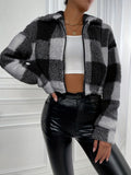 Fashionable Women's Plaid Cropped Hooded Plush Jacket with Front Zipper, Long Sleeves, and Warm Short Outerwear. Can Be Paired with High-waisted Pants or Skirts, Suitable for Travel, Errands, and Urban Casual Styling - Deep Grey