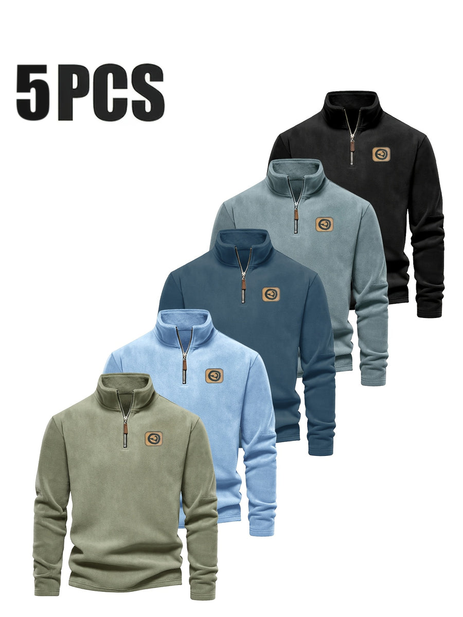 Men'S 5pcs Versatile Basic Fleece Sweatshirt, Half-Zip Stand-Up Collar Autumn And Winter Long-Sleeved Top - Mint Green+Dark Blue+Gray Blue+Sky Blue+Black