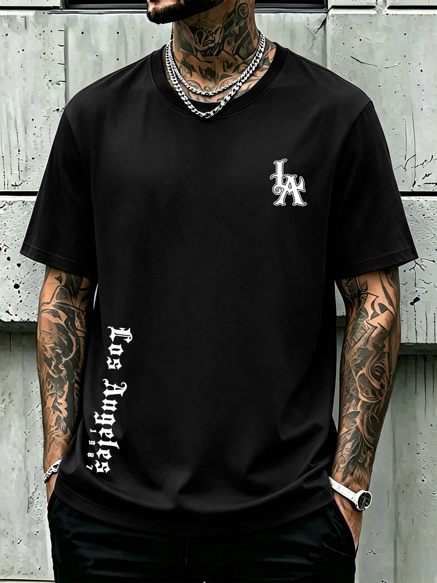 Men's 100% Cotton Short Sleeve Crew Neck T-Shirt, American Los Angeles Vintage Street Style Print, Casual, Fashionable, Comfortable, Soft, Summer Short Sleeve - Black