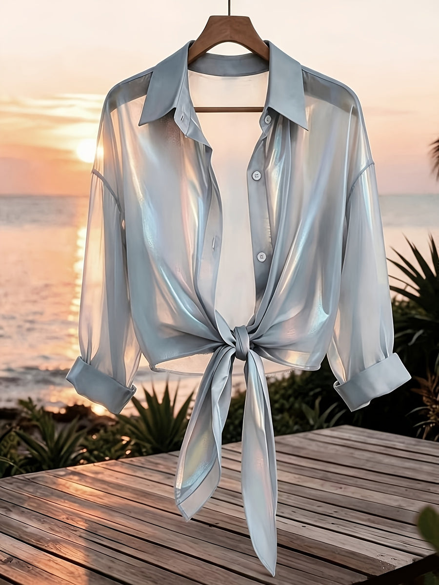 Premium Iridescent Elegant Sheer Chiffon Tie-String Casual Vacation Beautiful Blouse (Women'S Style) - Grey