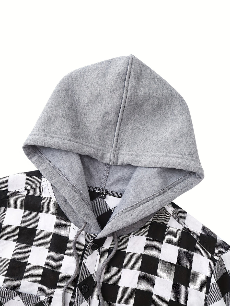Men's Fashion Hooded Plaid Trendy Shirt Hooded Plaid Sweatshirt, Autumn/Winter Essentials, New Season - Black