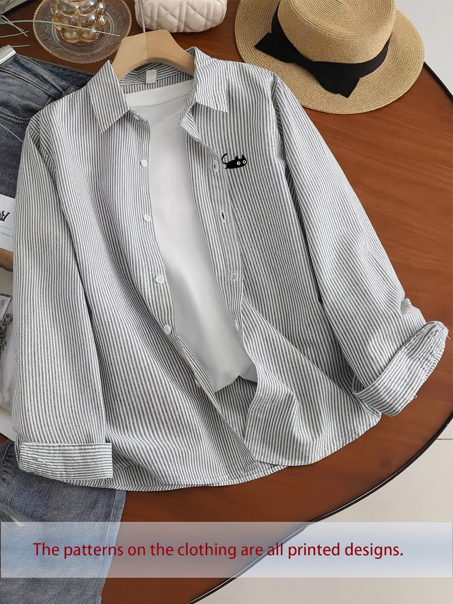 Korean-style Spring/Autumn Thin Fashionable Trendy Cool and Handsome Men's Healing Cartoon Print Long Sleeve Thin Striped Loose Fit Casual Shirt - Light Grey