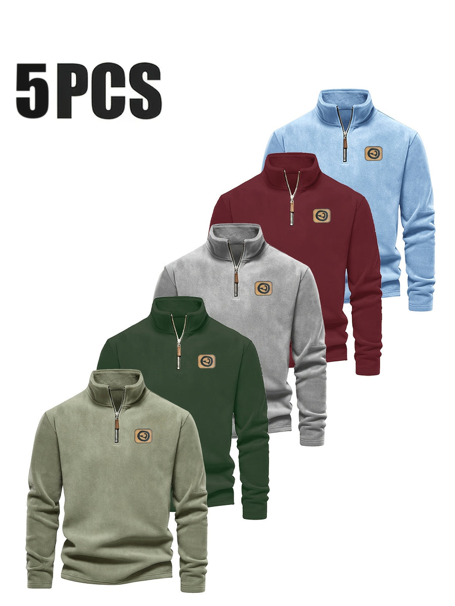 Men's Half-Zip Pullover Top, 5pcs, Soft and Skin-Friendly, Versatile for Daily Casual and Sportswear - Mint Green + Dark Green + Sky Blue + Dark Red + Gray