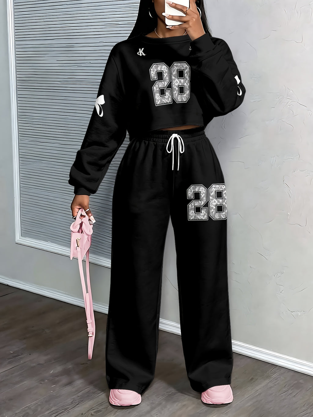 Number 28 Drop-Shoulder Sleeve High-Waist Sweatshirt and Wide-Leg Printed Jogger 2pcs Tracksuit Set - Mixed colors