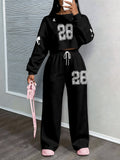 Number 28 Drop-Shoulder Sleeve High-Waist Sweatshirt and Wide-Leg Printed Jogger 2pcs Tracksuit Set - Mixed colors