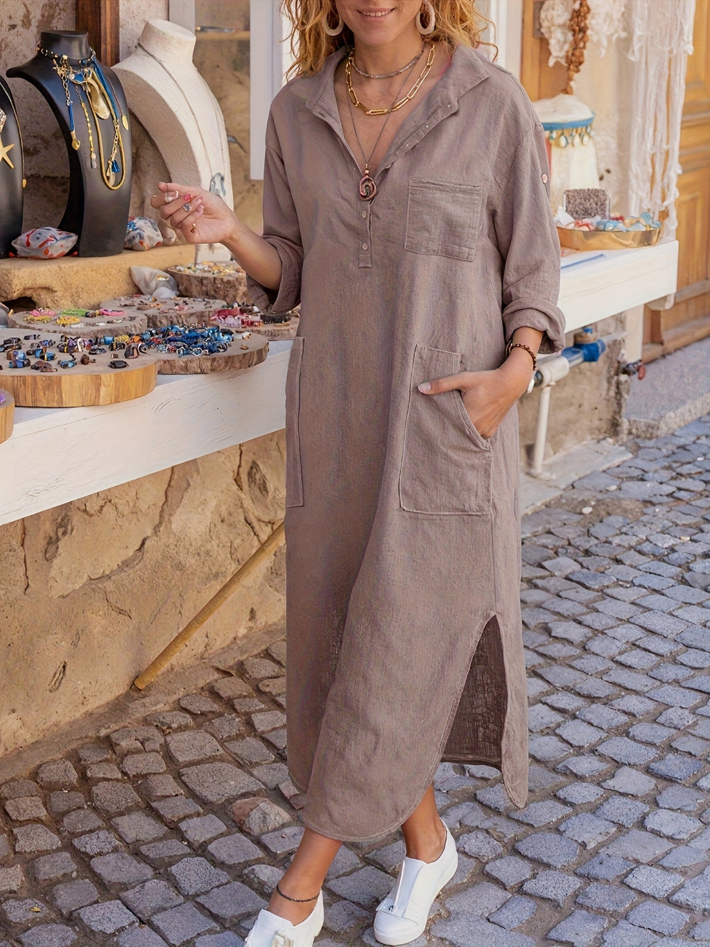 Fashionable Standard Size Elegant Dress - Light Brown-1