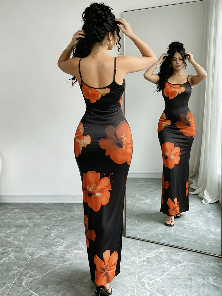 Women'S Adjustable Strap Printed Cami Dress, High-Waist Cinched -Lifting Long Skirt, Stretchy And, Suitable for Beach Vacation/Music Festival/Casual Date Wear - Egg Yolk