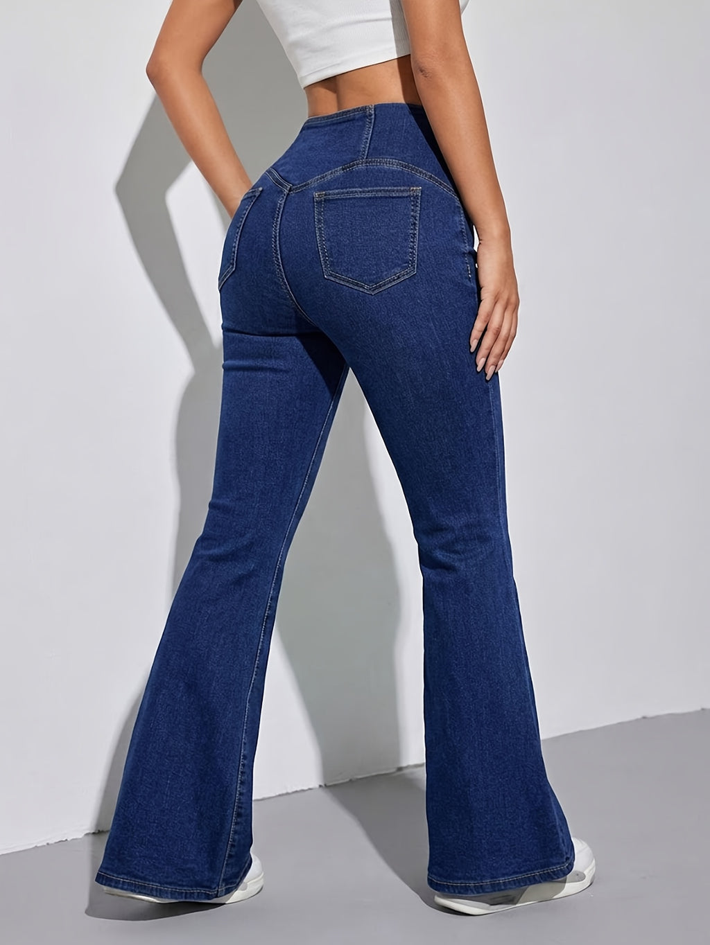 Y2K Streetwear V-Cut Cross Waist Flare Jeans for Women - Solid Lifting Stretchy Low-Rise Bell Bottom Denim Trousers - Blue