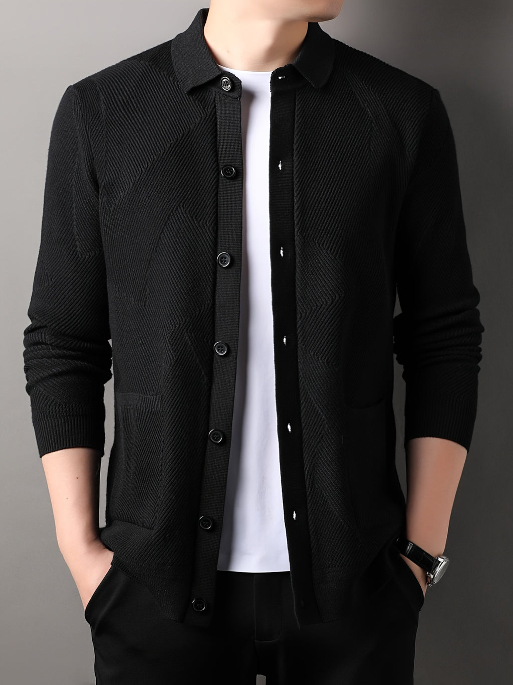 Du Jing Lan OBM Men's Autumn/Winter New Arrival Knitted Cardigan, Old Money Style Solid Color Lapel Pocket Open Front Single-Breasted Knit Cardigan, Men's Business Casual Fashion Open Front Knit Cardigan Top, Suitable for Layering in Spring - Black