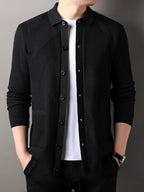 Du Jing Lan OBM Men's Autumn/Winter New Arrival Knitted Cardigan, Old Money Style Solid Color Lapel Pocket Open Front Single-Breasted Knit Cardigan, Men's Business Casual Fashion Open Front Knit Cardigan Top, Suitable for Layering in Spring - Black