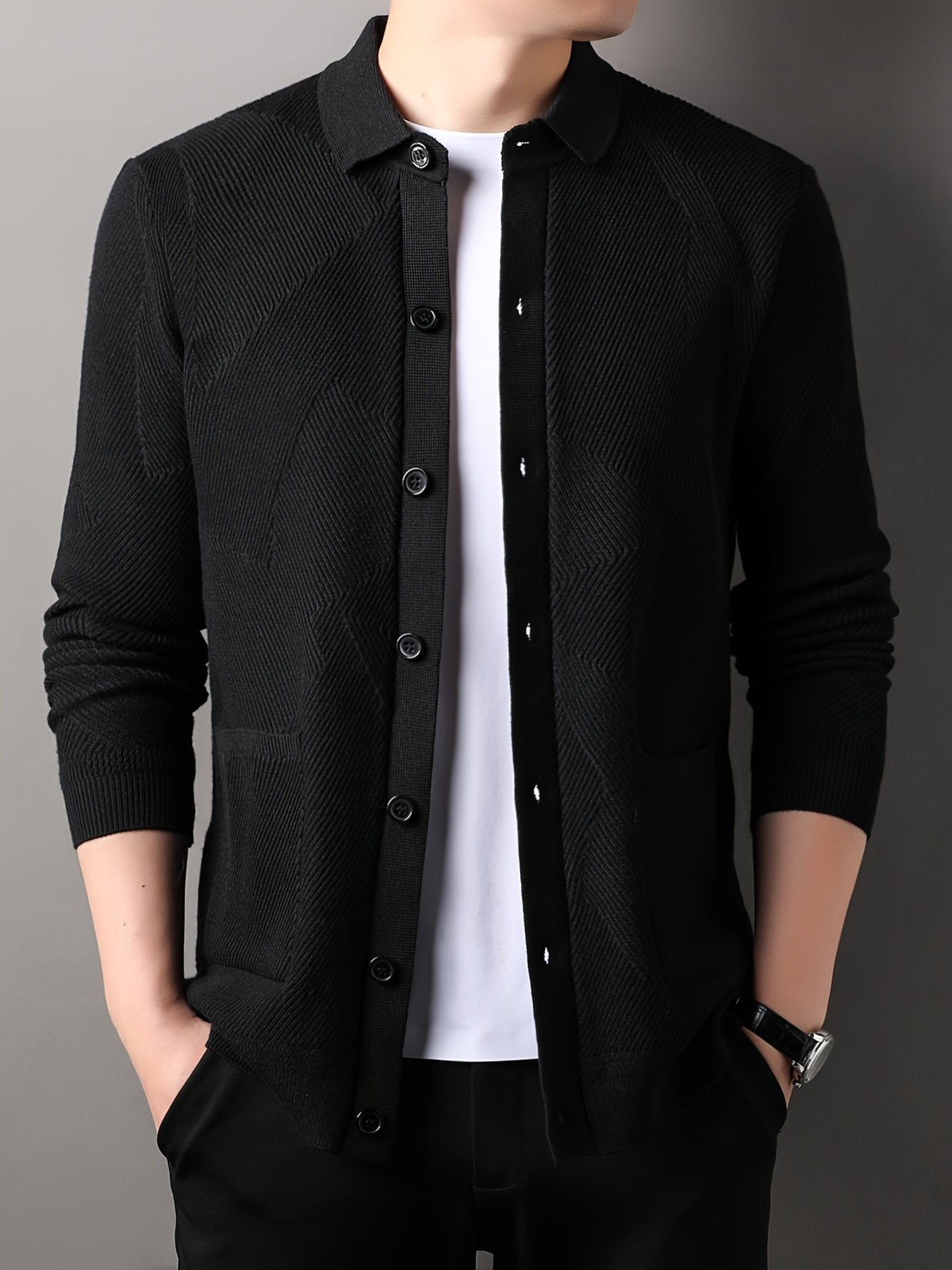 Du Jing Lan OBM Men's Autumn/Winter New Arrival Knitted Cardigan, Old Money Style Solid Color Lapel Pocket Open Front Single-Breasted Knit Cardigan, Men's Business Casual Fashion Open Front Knit Cardigan Top, Suitable for Layering in Spring - Black