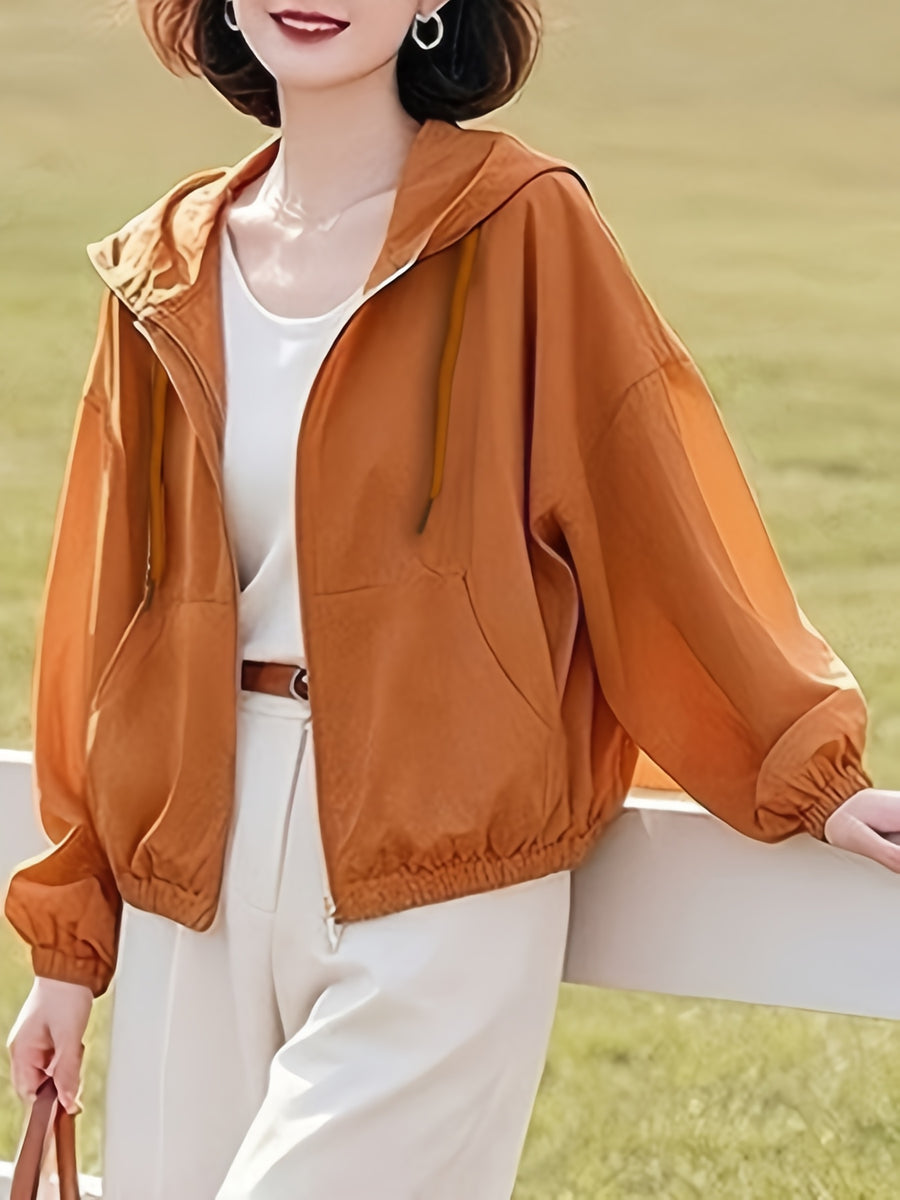 New Short Hooded Spring/Autumn Lightweight Loose-Fit Jacket Top for Petite Women - Tangerine