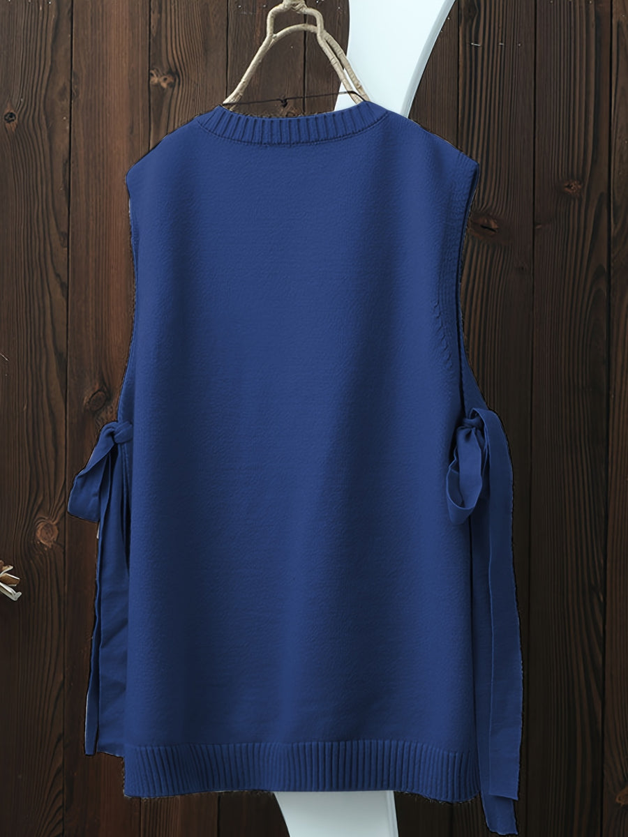 Women'S Spring Autumn Casual Fashion Niche Chic Vintage Easy Solid Round Neck Vest Sleeveless Side Slit Tie-Up Short Front Long Back Design Temperament Daily Versatile Quality Premium Gentle Elegant Loose Lazy Style Outerwear Sleeveless Camisole Top - Blue