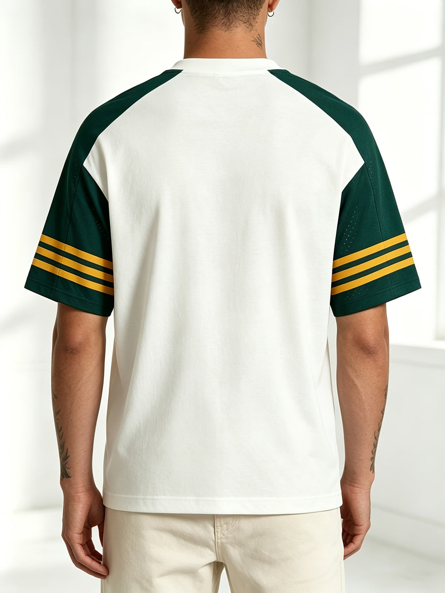 Plus-Size Green And White Patchwork American Retro Print T-Shirt - Three-Stripe Design And Contrasting Color Scheme - Breathable Mesh Fabric Short Sleeves - Lightweight Summer Top - Mixed colors