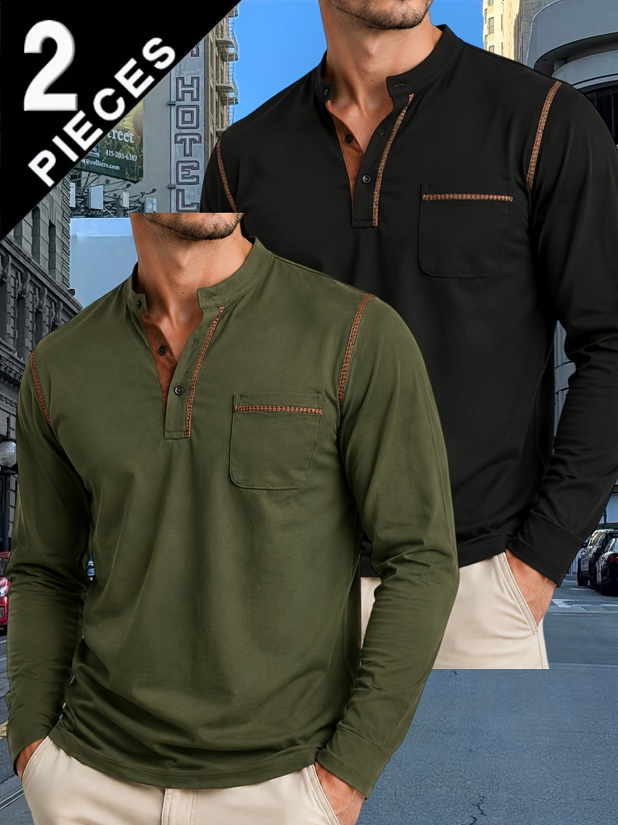 2pcs Men'S Autumn Winter Stand-Collar Long Sleeve Henley Shirts, Contrast Color Pinstripe Polo Shirts with Pockets, Soft And Breathable Sweat-Absorbing, Business Casual Basic Long Sleeve Top, Skin-Friendly Soft Fabric Comfortable, Sweat-Resistant - Army Green+Black