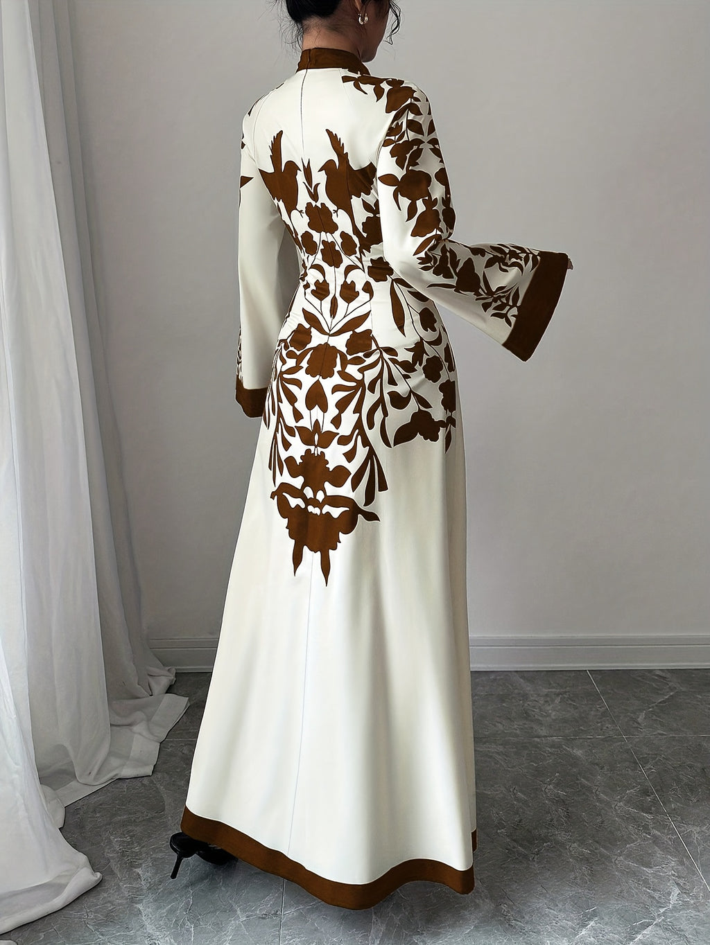 Fashionable Elegant Faux Two-Piece Fall/Winter New Floral Print Long Sleeve Maxi Dress - Light Brown-1
