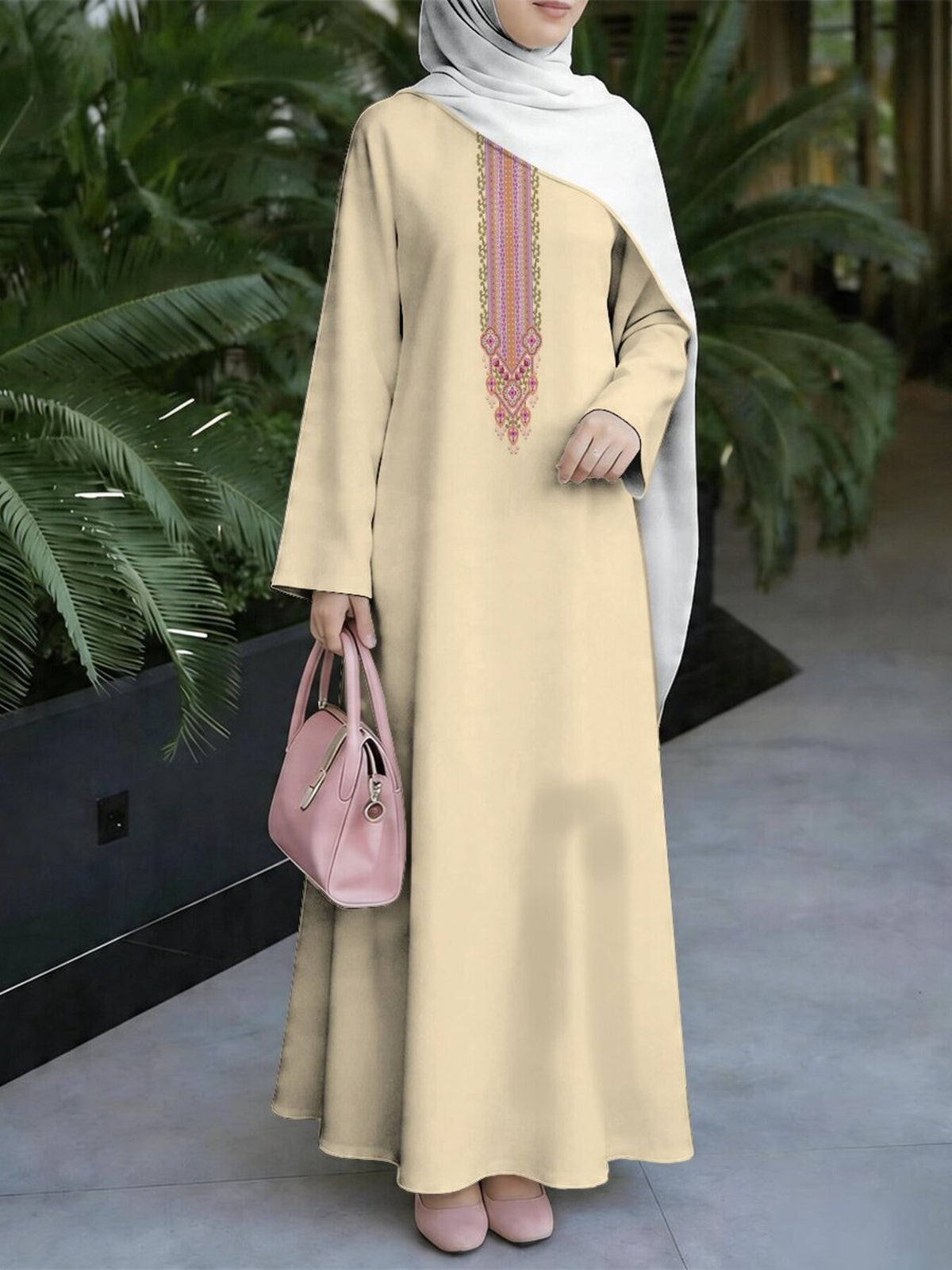 Women'S Hot Middle Eastern Style Muslim Elegant Robe, Beige Apricot with Vertical Stripes Printed Long Dress, Easy Straight Long Sleeve Cut, Home And Outing Wear, Excellent Drape Non- Craft - Mixed colors