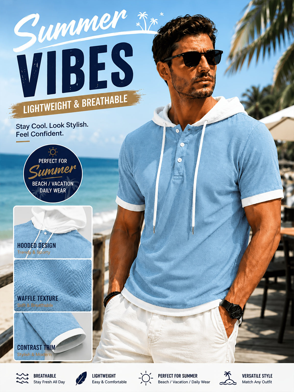 [Qiaoximei Obm] Summer Men'S High-Quality Waffle-Gore Hooded Short Sleeve T-Shirt - Individual Fashion Statement with Special Design Texture Fabric, Adjustable Drawstring And Buttons, Suitable for Gym Fitness Wear - Sky Blue