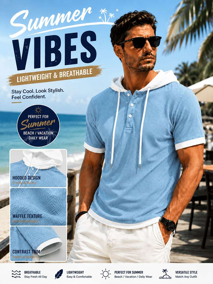 [Qiaoximei Obm] Summer Men'S High-Quality Waffle-Gore Hooded Short Sleeve T-Shirt - Individual Fashion Statement with Special Design Texture Fabric, Adjustable Drawstring And Buttons, Suitable for Gym Fitness Wear - Sky Blue