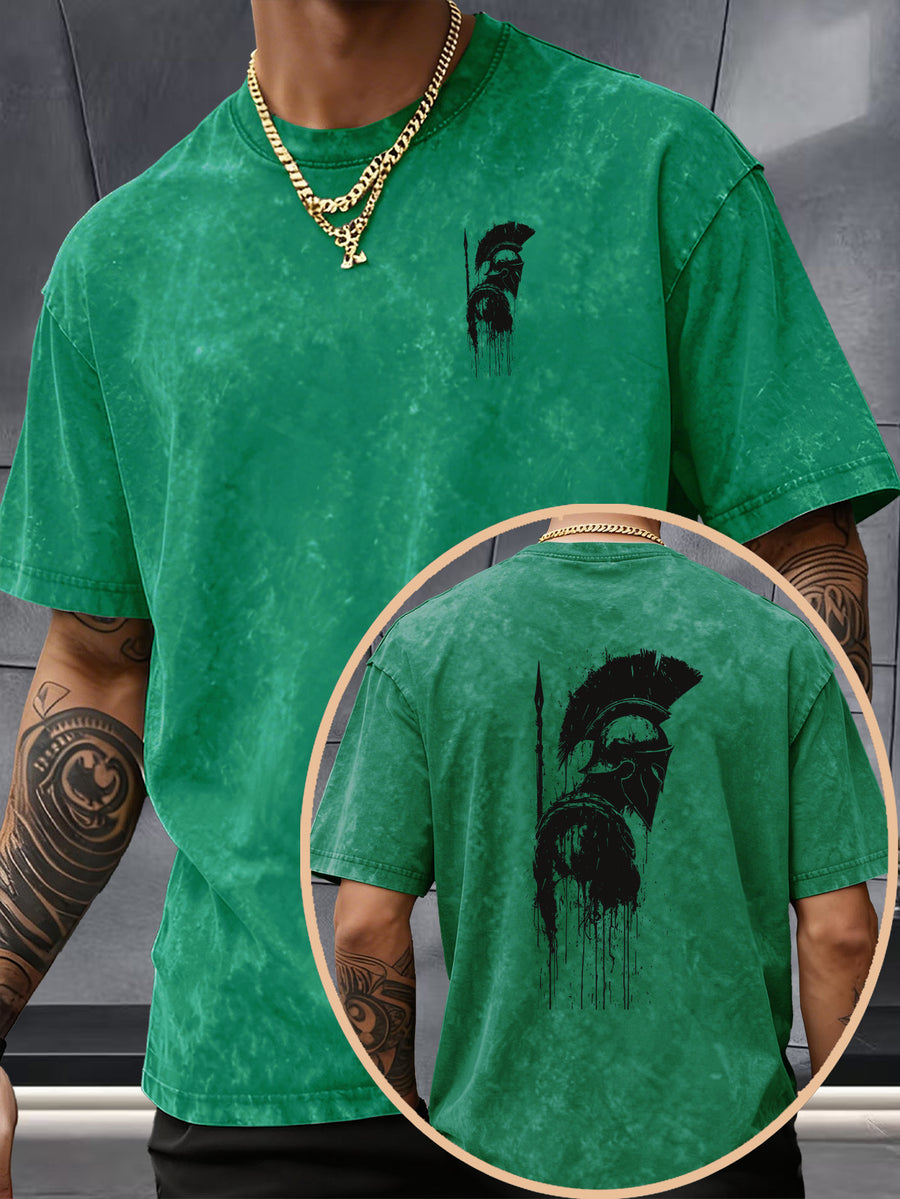 Short Sleeve T-Shirt, 100% Washed Distressed Loose Fit, Front And Back Double Print of Dark Ink Warriors, Casual Street Y2K Hip-Hop Style Couple'S Daily Commute Fitness Outing Statement Top - Green