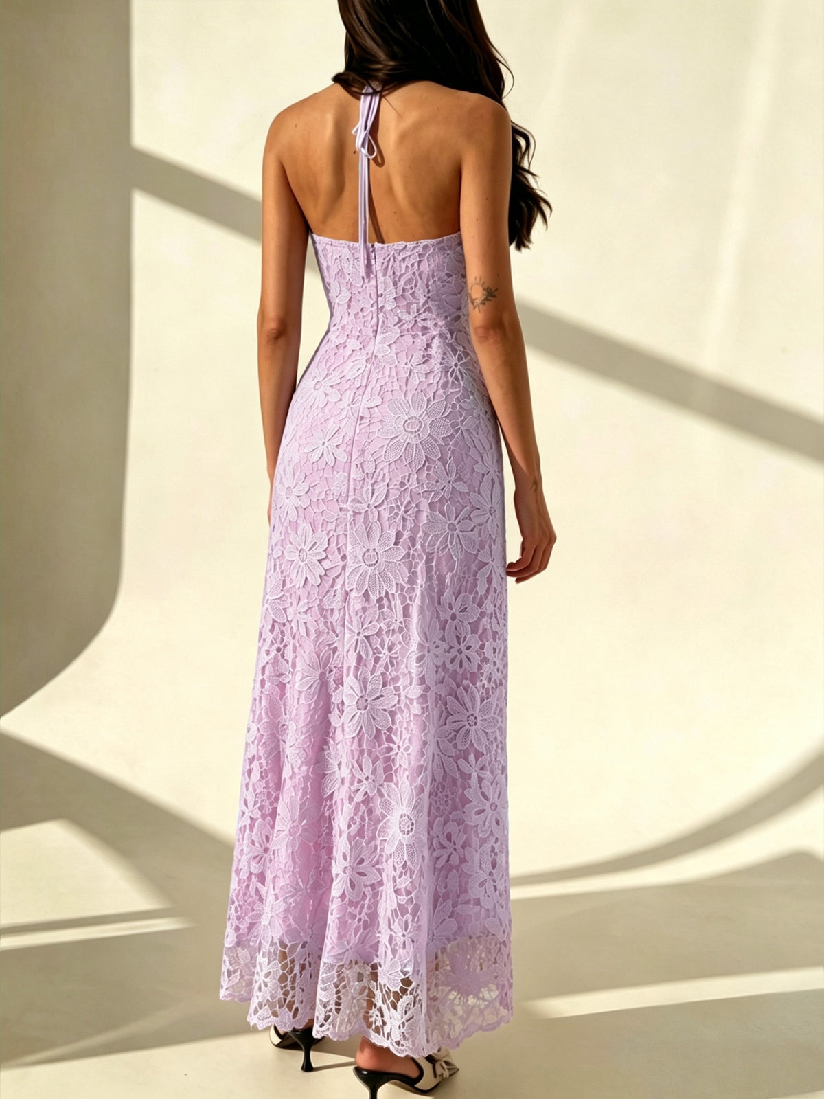 French Water-Soluble Lace Tie-Neck Halter Elegant Backless Slim-Fit Temperament Dress, Niche Design for Daily Wear And Vacation, V-Neck Maxi Dress for Banquets, Fashion Women'S Wear - Light Purple