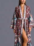 Ethnic Vintage Paisley Floral Print Midi-Length Long Sleeve Kimono Cardigan for Women, Elegant Party Streetwear Casual Cover-Up, Loose Outerwear for Beach, Sand, Travel, Resort Wear, Thin Cape, Home Bathrobe with Belt, Bath Kimono, Group Party - Dark Brown