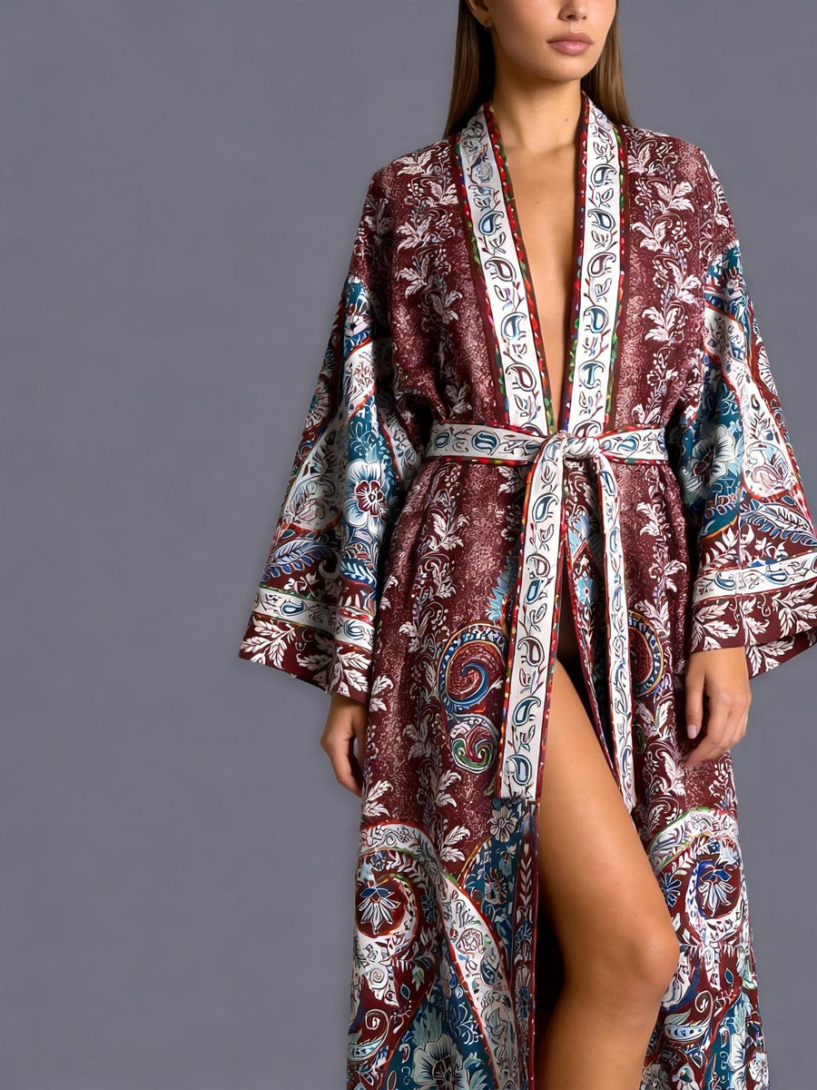 Ethnic Vintage Paisley Floral Print Midi-Length Long Sleeve Kimono Cardigan for Women, Elegant Party Streetwear Casual Cover-Up, Loose Outerwear for Beach, Sand, Travel, Resort Wear, Thin Cape, Home Bathrobe with Belt, Bath Kimono, Group Party - Dark Brown