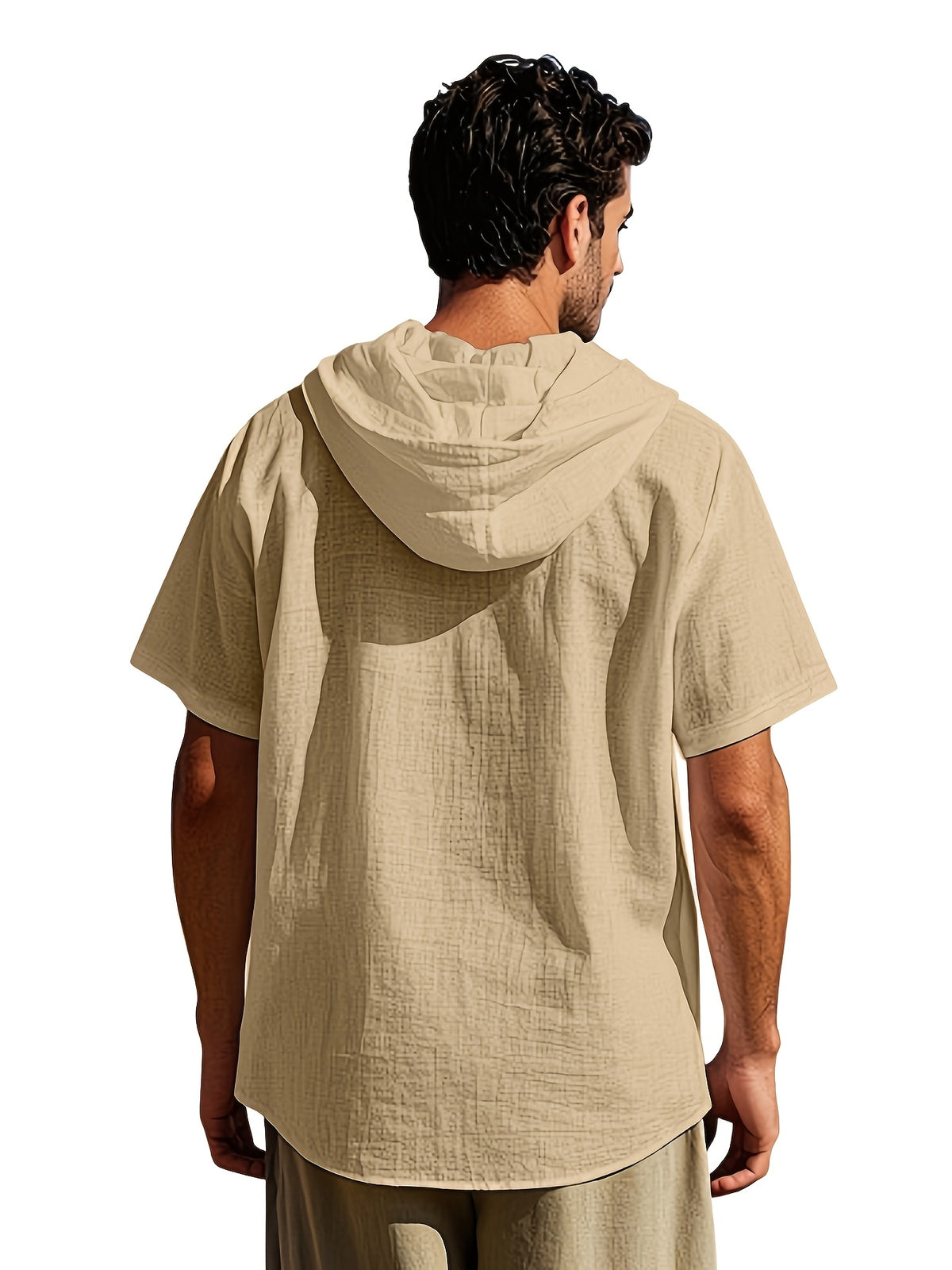 Men's Short Sleeve Hooded Shirt, Casual Button Hoodie Top with Chest Pocket, Lightweight Breathable Summer Shirt for Beach Vacation, Travel, Resort Wear, Outdoor Leisure, Streetwear Style and Daily Casual Outfit - Khaki