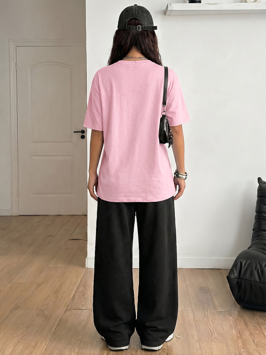 Women's 2-Piece Set: Spring/Summer Fun "Brown Bear" Heart and Letter Print Daily Y Casual T-Shirt with Drawstring Loose Straight-Leg Pants. Soft, Comfortable, Niche Hip-Hop Y2K Versatile Streetwear T-Shirt Set, Suitable for Summer Outings - Pink+Black