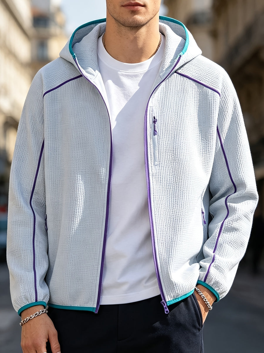 2026 New Men's Waffle Knit Textured Sport Jacket, Spring/Autumn Lightweight Hooded Outerwear, Suitable for Sports & Fitness, Outdoor Activities, Daily Home Wear, and Casual Outings - Light Grey