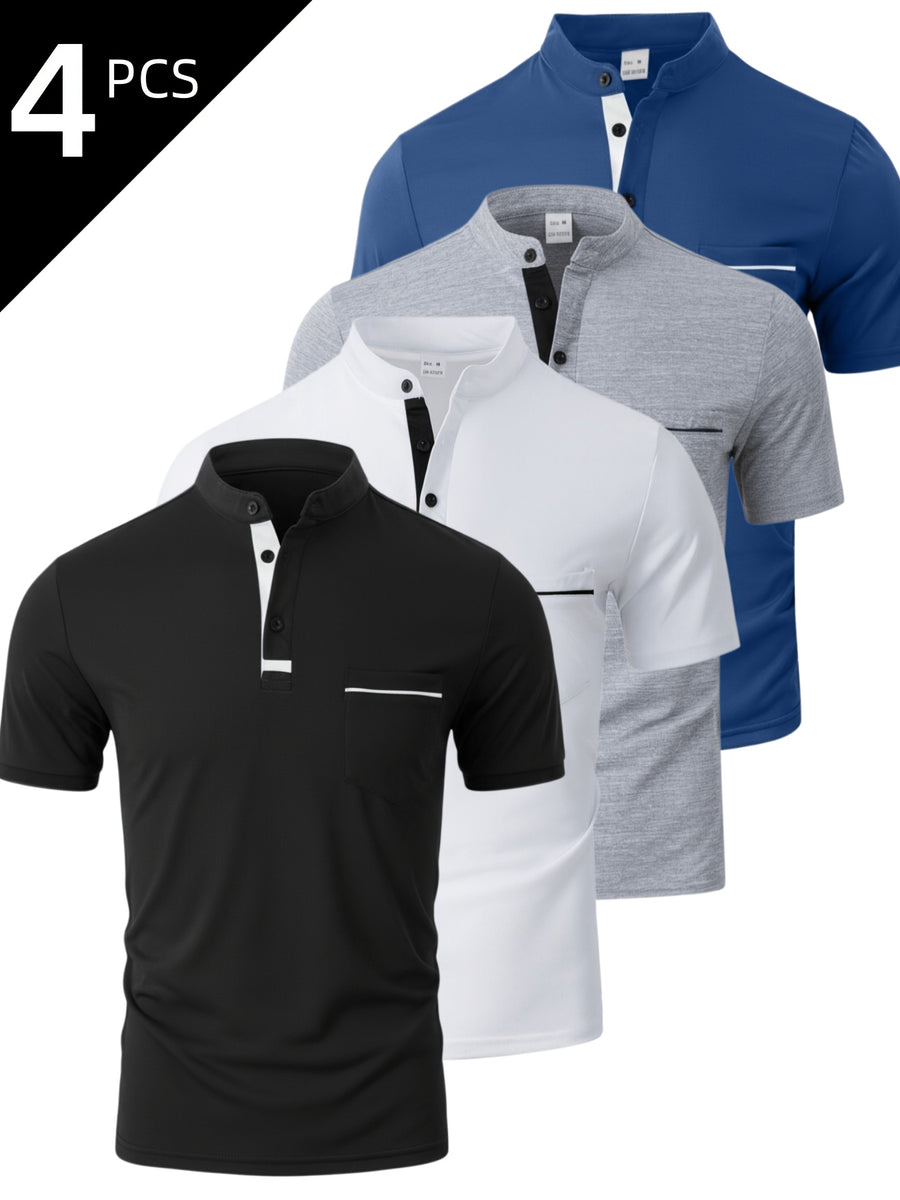 [Josh May OBM] 4pcs Set, Solid Color Stand-Up Collar Henley Shirts, Breathable Quick-Dry Casual Shirts, Lightweight Stretch, No Ironing Required, Durable And Wearable, Button-Up Design, Suitable for Summer Office, Yacht Wear, Casual Attire - Black+White+Gray+Sea Blue