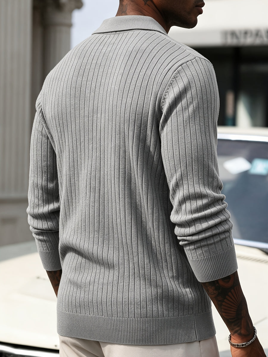 Men's Vertical Striped Knit Cardigan, Lapel Polo Collar Button Long Sleeve Slim Fit Knitted Sweater Jacket for Fall Winter Casual Outwear - Flecking Gray