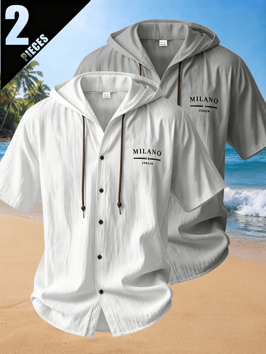 2pcs Men'S Summer Short Sleeve Shirt Set, Breathable And Skin-Friendly Linen Fabric, Trendy Hooded Style, Suitable for Beach Vacations, Beach Outings, And Casual Wear - Color Mixing 5
