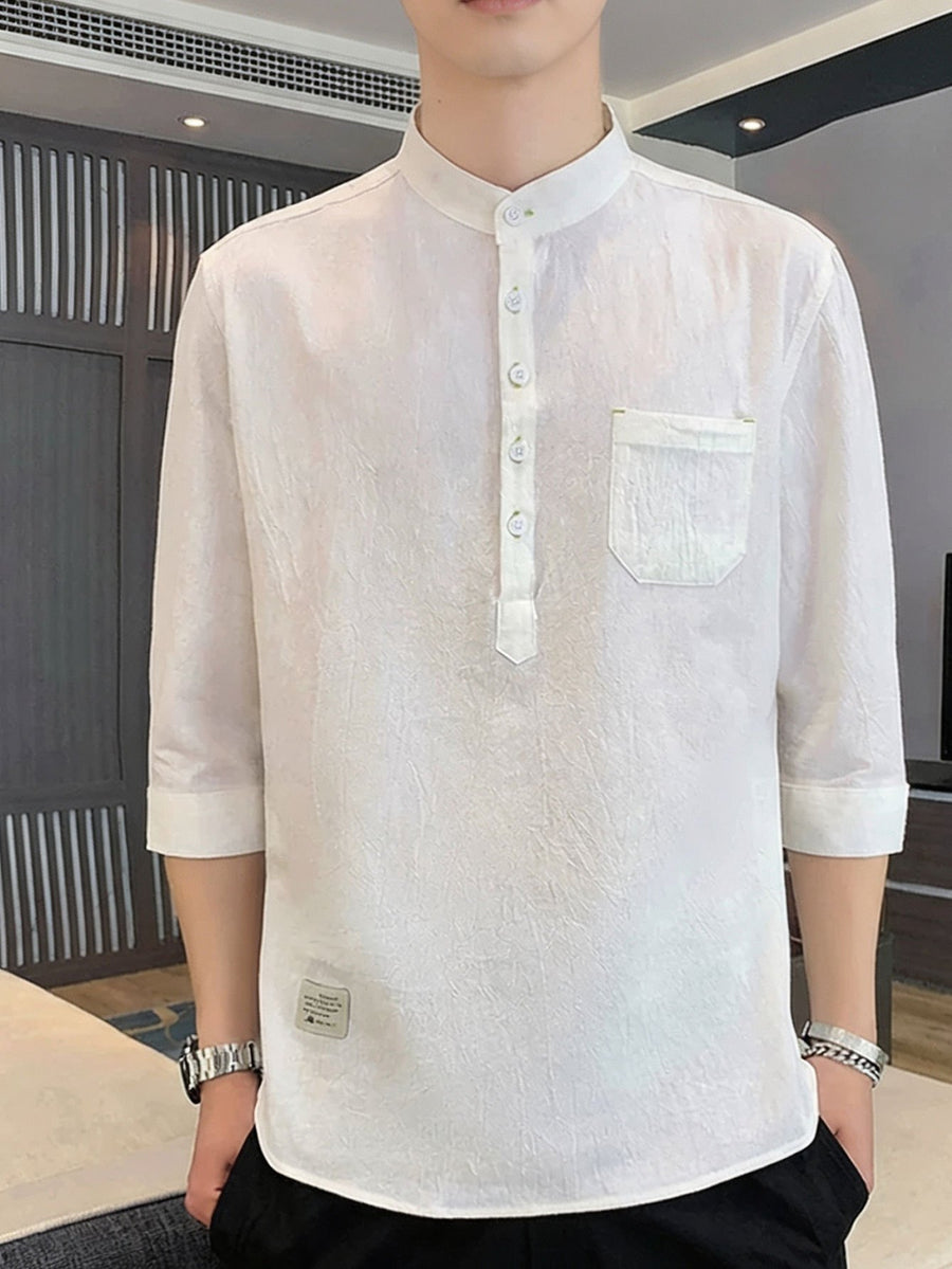 Vintage Henley Collar Half-Button Short Sleeve Shirt with Open Front Design, Side Pocket Detail, Suitable for Daily Commute, Outings, And Casual Business Wear, Easy Solid Color Pullover Casual Shirt. Thin Breathable Casual 3/4 Sleeve Top - White