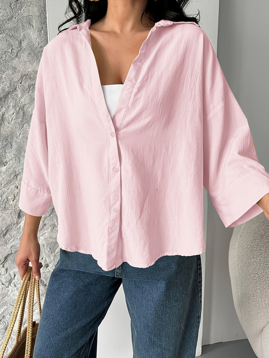 Fashion Spring Summer Women'S Off-Shoulder Puff Sleeve Button-Up Elegant Loose Shirt Lapel - Pink