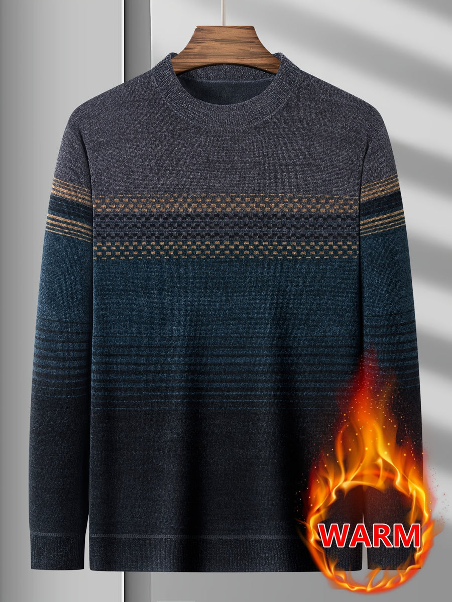 Minimalist Urban -Lined Crew Neck Knit Sweater for Warmth and City Casual Style - Blue