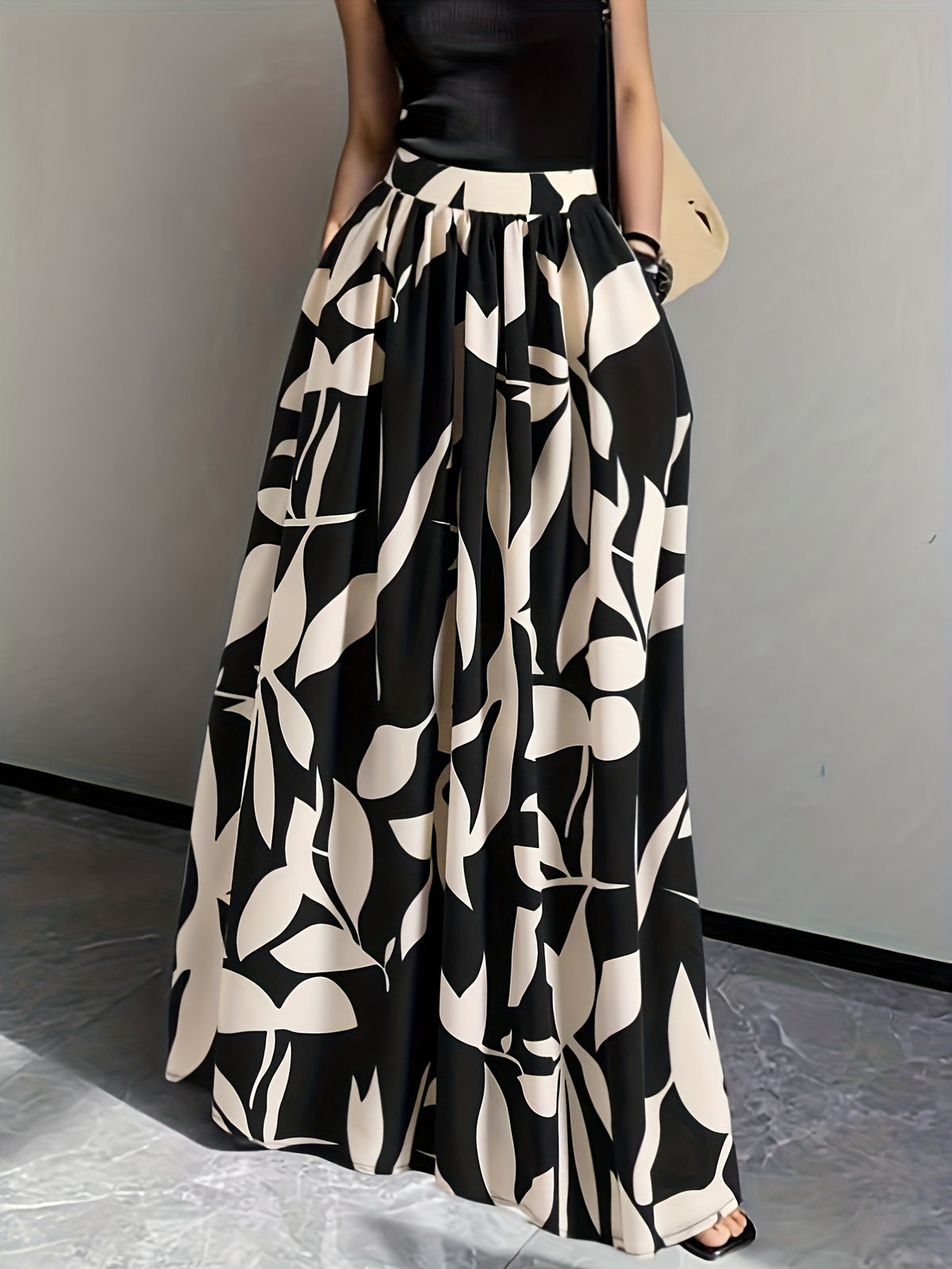 Women's Wide-Length Watercolor Midi Skirt - High-Waisted Loose Skirt Suitable for Spring Summer Fall, Elegant Office to Casual Wear, Machine Washable Skirt - Black And White