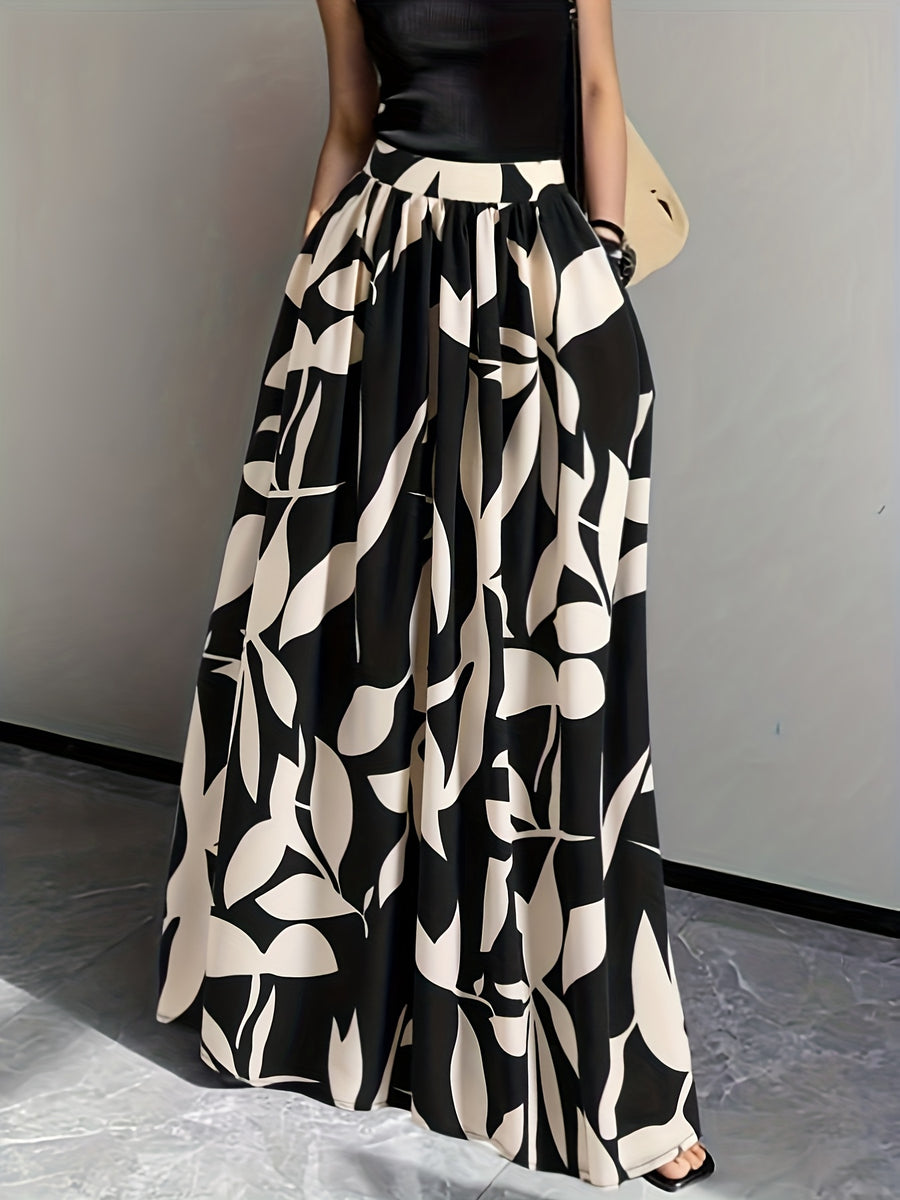 Women's Wide-Length Watercolor Midi Skirt - High-Waisted Loose Skirt Suitable for Spring Summer Fall, Elegant Office to Casual Wear, Machine Washable Skirt - Black And White